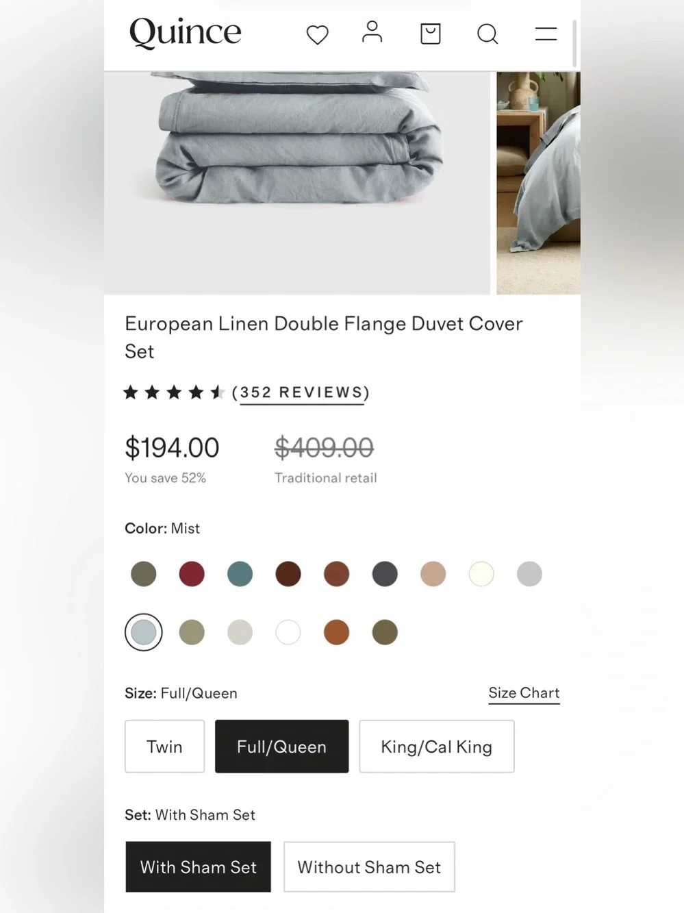 NWT Quince European Linen Double Flange Duvet Cover Set, Full/Queen (Mist)